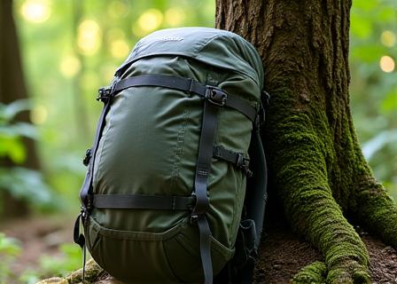 Large hiking backpack filled and ready, leaning against a tree in a forest