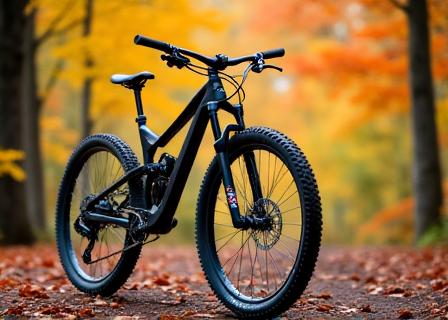 Modern mountain bike on an unpaved trail with autumn trees in the background