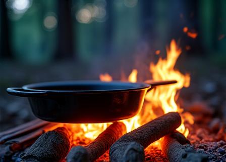 Cast iron pan over an open campfire with cooking utensils, evening scene