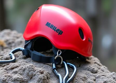 Rock climbing helmet and carabiners on a textured rock surface