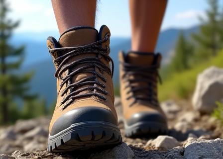 Pair of durable hiking boots on a rocky trail with blurred mountain scenery