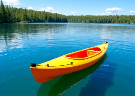 Bright blue recreational kayak on a calm, pristine lake with a lush forest background
