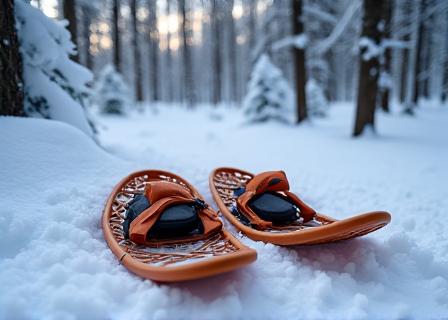 Pair of modern snowshoes on fresh snow in a winter forest