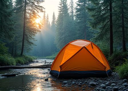 Spacious camping tent set up in a forest with a clear stream nearby